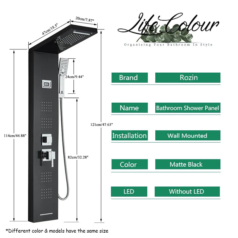 DecorBites™ Black Massage Jet Rainfall Shower Panel with Temperature Display 5 Modes