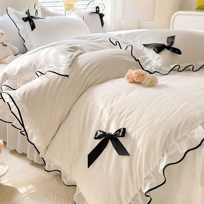 DecorBites™ Lace Bow Bed Skirt Bedding Set in Romantic Solid Color for King Queen Double Sizes