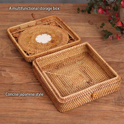 DecorBites™ Handwoven Rattan Storage Box with Lid Chinese Knot Ornament for Kitchen Organization