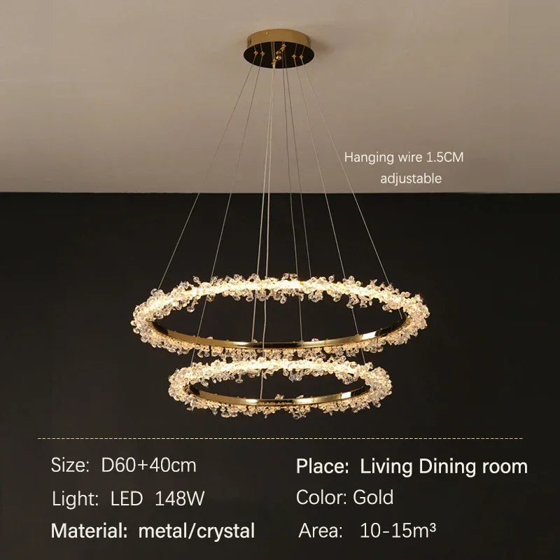 DecorBites™ Golden Round Crystal Chandelier | Nordic Luxury LED Halo Chandelier for Living Room
