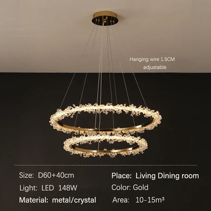 DecorBites™ Golden Round Crystal Chandelier | Nordic Luxury LED Halo Chandelier for Living Room