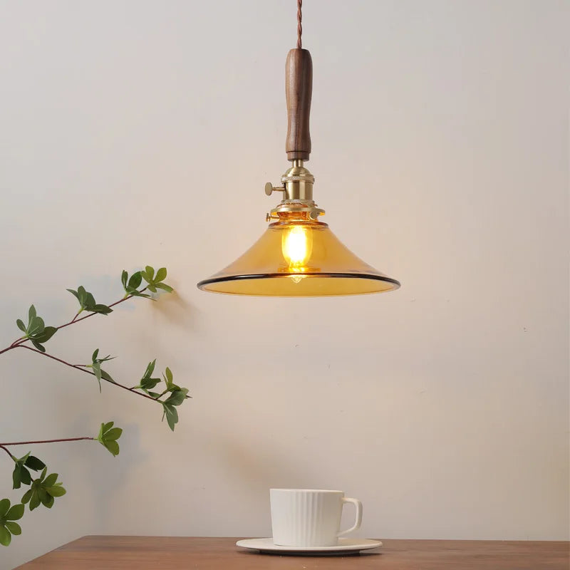 DecorBites™ Amber Glass LED Pendant Light with Walnut Handle for Dining Living Room