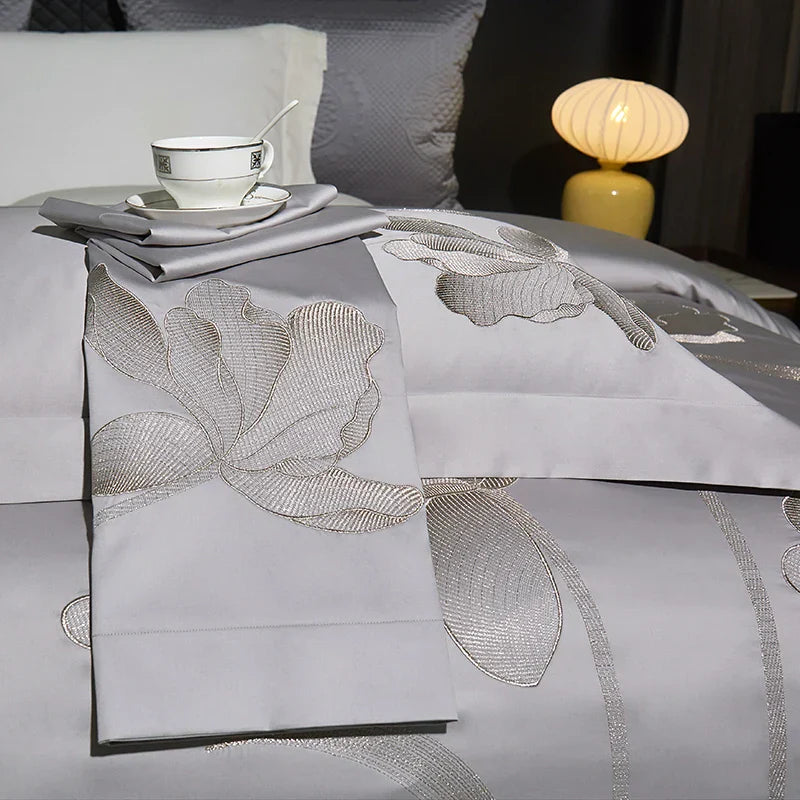 Decobites Luxury Flower Embroidery 1000TC Egyptian Cotton Bedding Set - 4Pcs