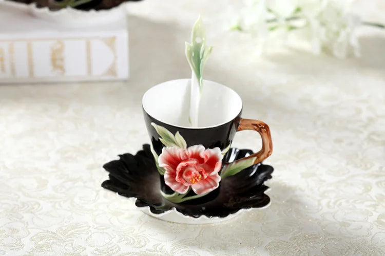 DecorBites™ Enamel Rose Peony Floral Coffee Cup Wedding Birthday Gift