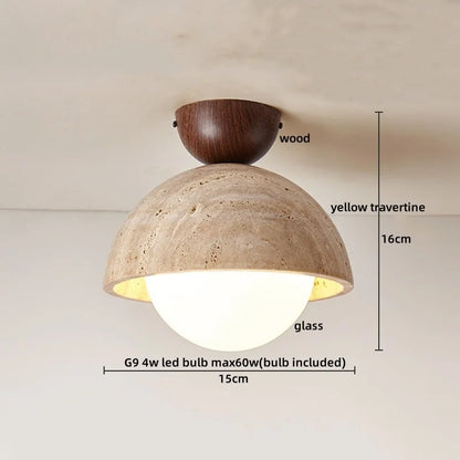 DecorBites™ Japan Style LED Ceiling Light Yellow Travertine Stone Wood Base Bedroom Luminaire