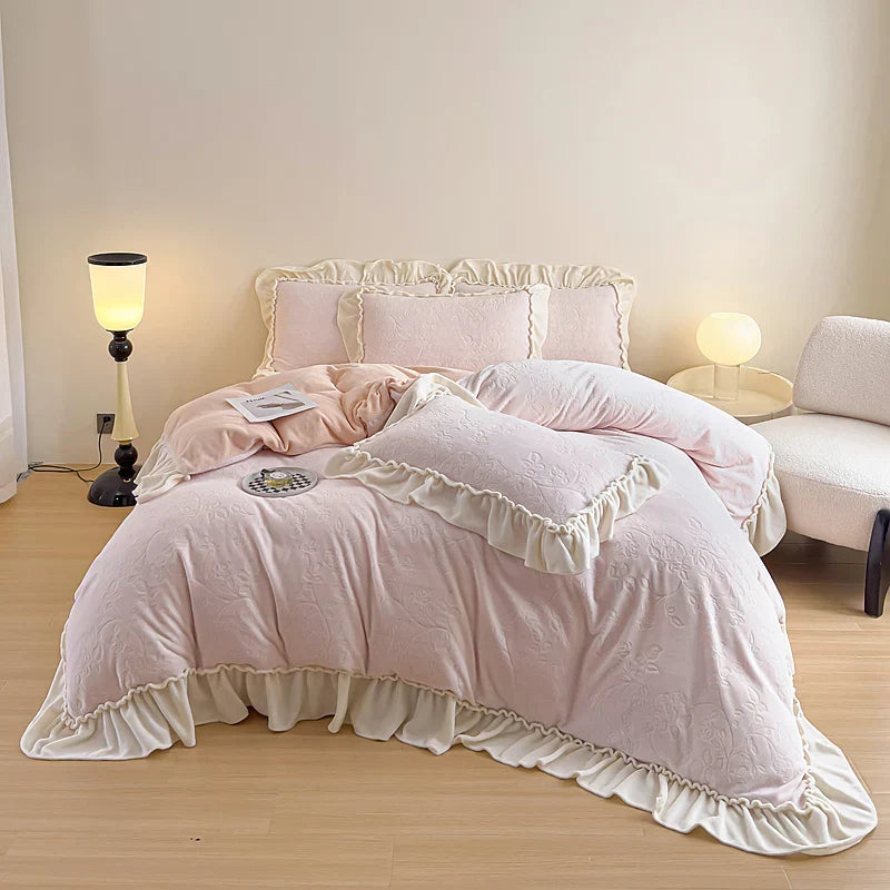 Decobites Princess Velvet Fleece Ruffles Winter Bedding Set - Plush Coral Velvet Duvet Cover & Sheet