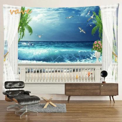 Scenic Sunset Palm Tree Tapestry by Decobites - Boho Beach Landscape Bedroom Decor