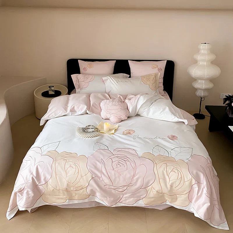 Decobites Luxury Rose Flowers Embroidery Bedding Set 1000TC Egyptian Cotton Duvet Cover Set