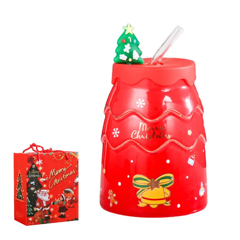 DecorBites™ Christmas Tree Ceramic Mug with Lid Straw for XMAS Gift