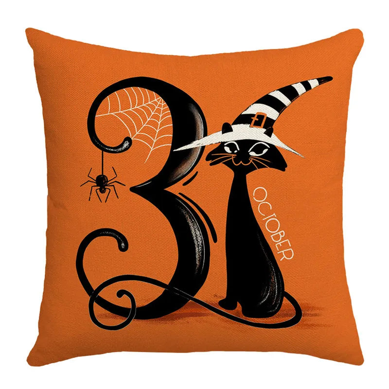Decorbites™ Halloween-Kissenbezug-Set – Festive Bezüge für Sofakissen mit Druck von Kürbis, Katze und Hexenhut.