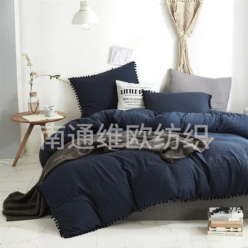 Decobites Pom-Pom Duvet Cover Set with Solid Color Design, Available in Various Sizes.