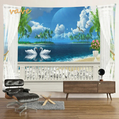 Scenic Sunset Palm Tree Tapestry by Decobites - Boho Beach Landscape Bedroom Decor