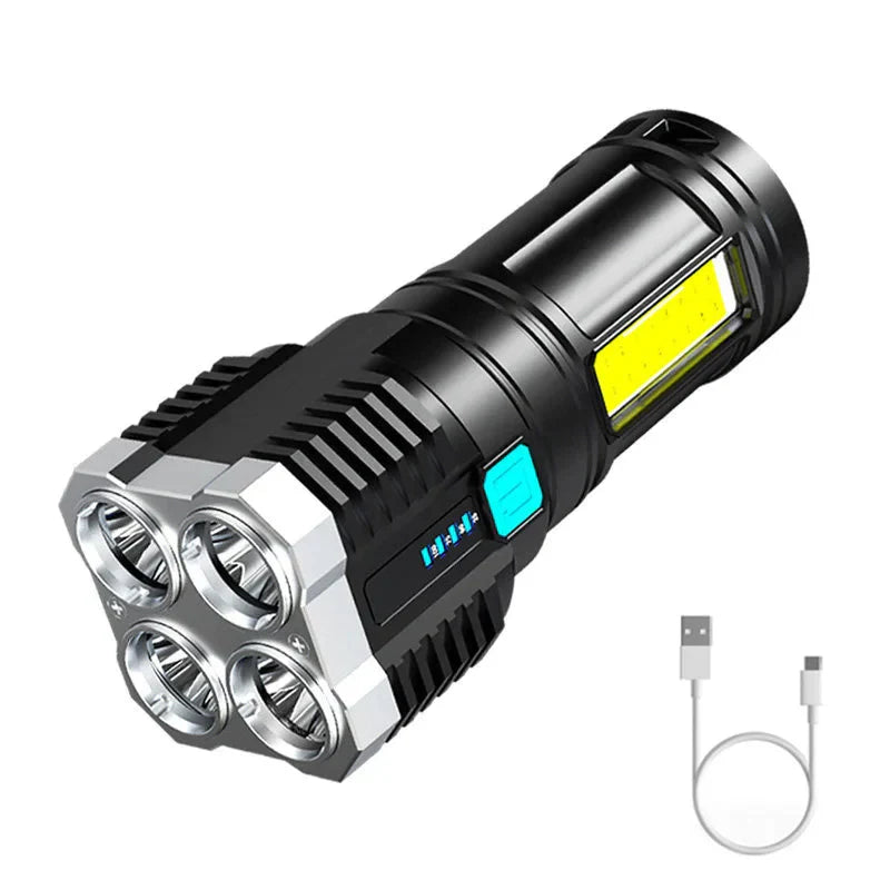 مصباح يدوي LED من DecorBites™: إضاءة عالية مع 4 خرزات مصباح، كشاف COB، مصباح يدوي خارجي قابل لإعادة الشحن عبر USB