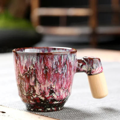 DecorBites™ Ceramic Latte Mug with Wooden Handle for Coffee and Tea Menstruum