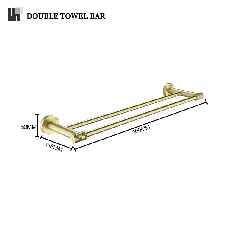 Conjunto de Hardware Decorbites™ Gold: Barra de Toallas, Soporte para Papel Higiénico, Gancho para Batas, Colgador de Tazas