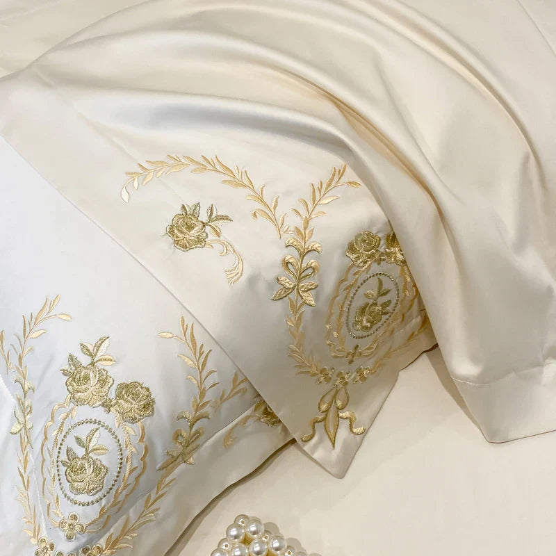 Decobites Luxury Gold Flowers Embroidery Cotton Bedding Set