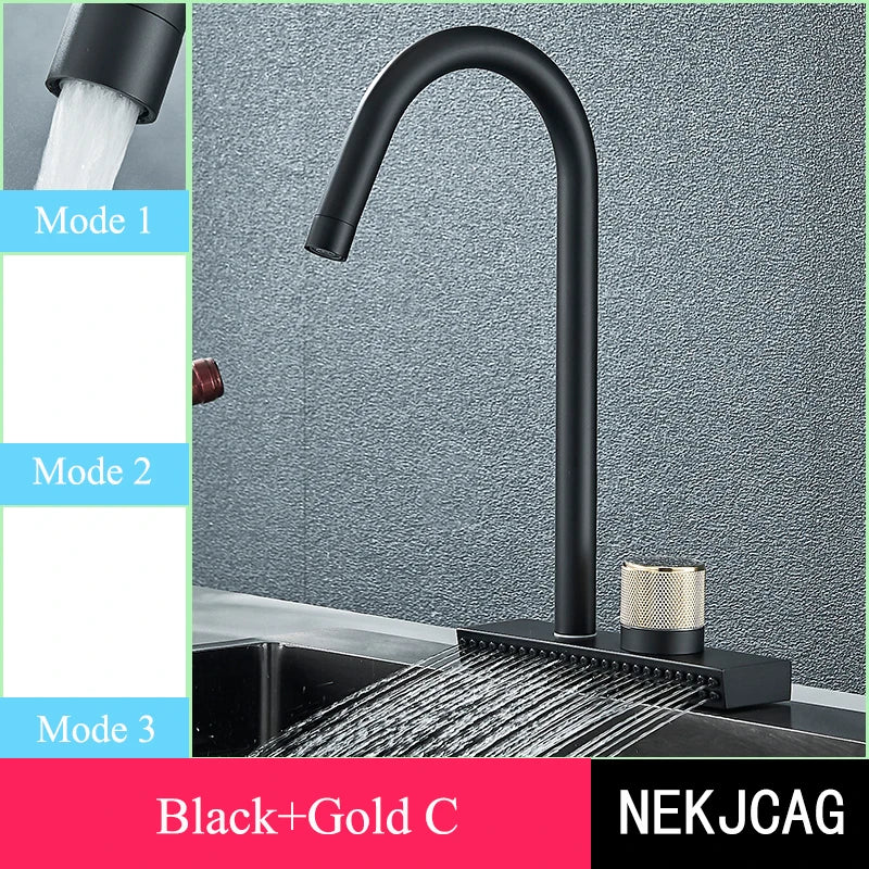 صنبور المطبخ الأسود DecorBites™: صنبور خلاط مرن قابل للسحب بثلاث فوهات