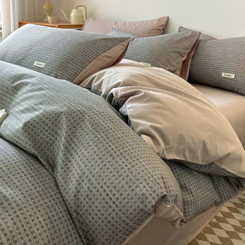 DecorBites™ Grid Printed Cotton Fitted Sheet Set - Double-Sided Mix Color Quilt Cover