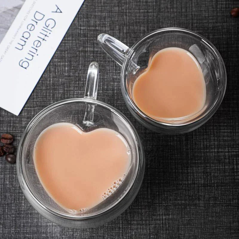 Juego de tazas de cristal DecorBites™ con forma de corazón: Tazas de doble pared para parejas, ideales para té, café o cerveza. Un regalo perfecto.