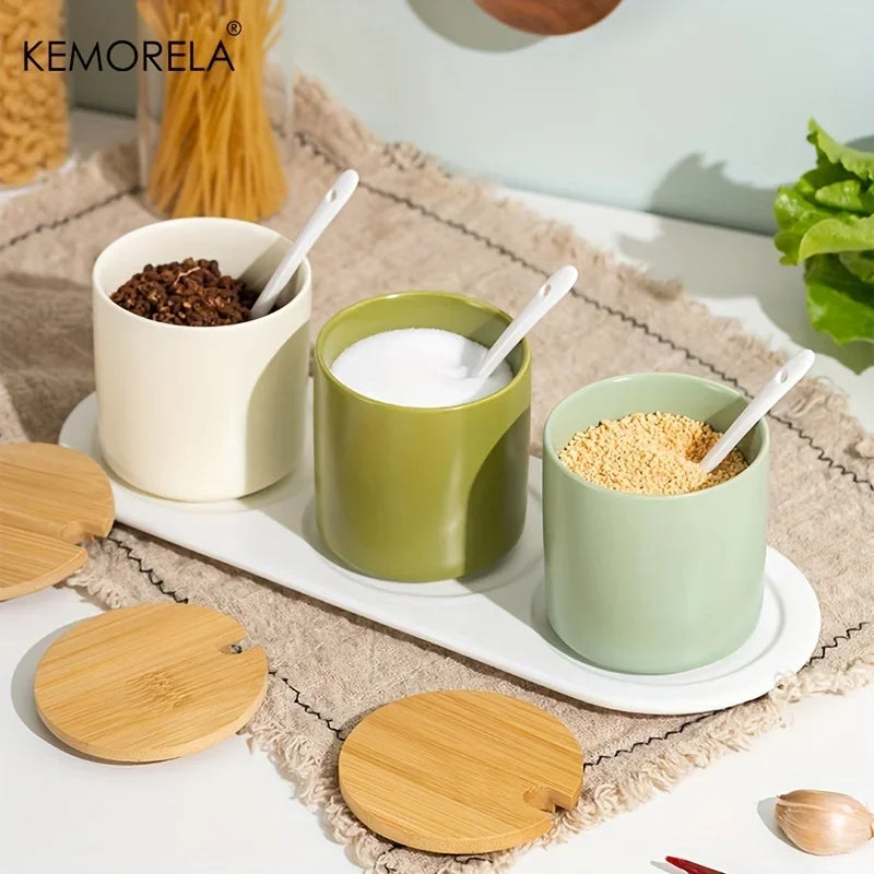 Conjunto de tarros de condimentos de cerámica retro japonesa Decorbites™ con bandeja - Organizador de cocina de 3 piezas