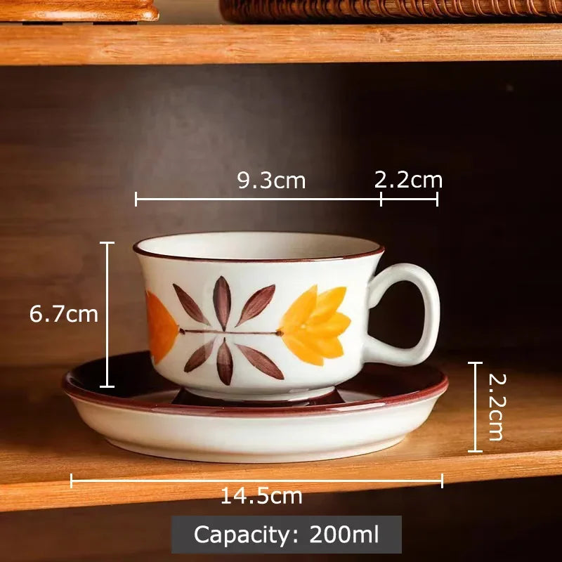 DecorBites™ Ink Flowers Ceramic Cup & Saucer Set - Gold-plated Coffee Mug for Dining Table