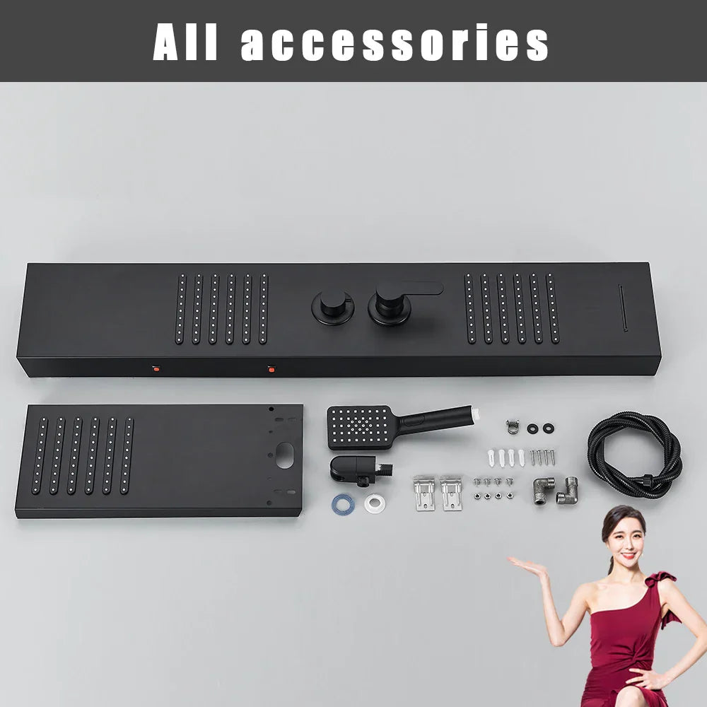 Columna de ducha DecorBites™ negra con iluminación LED, chorros de masaje y grifo mezclador tipo cascada