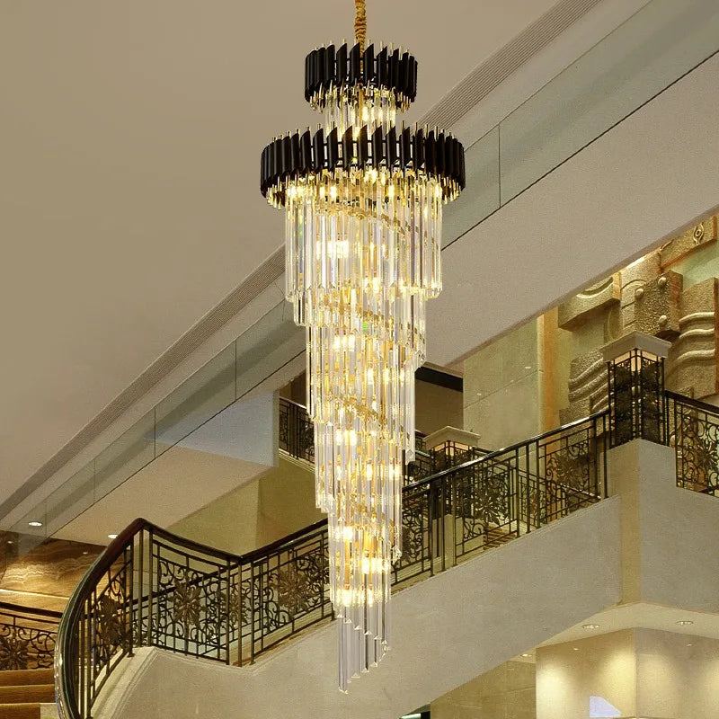 DecorBites™ Gold Black Crystal Chandelier Staircase Lights 3m Long Luxury Villa Lighting