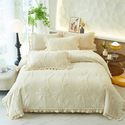 Velvet Ruffles Luxury Bedding Set by Decobites: 3D Carved Plush Duvet Cover, Bed Sheet, Pillowcase