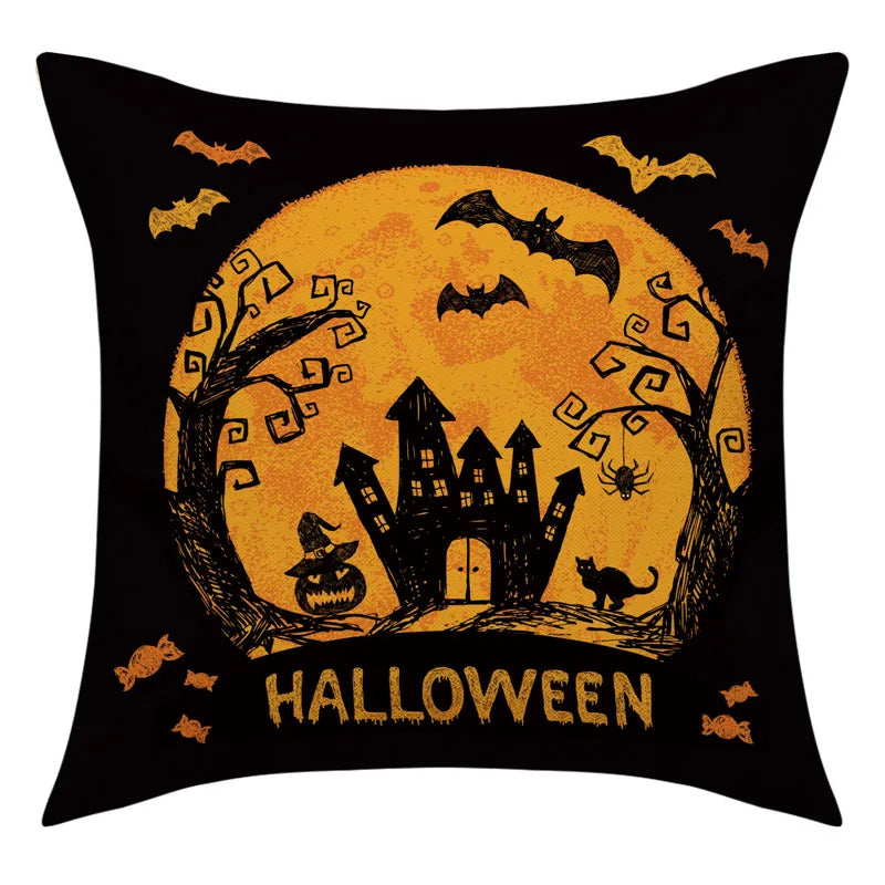 Decorbites™ Halloween-Kissenbezug-Set – Festive Bezüge für Sofakissen mit Druck von Kürbis, Katze und Hexenhut.