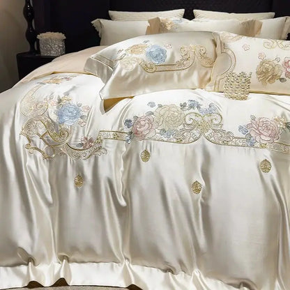 Decobites Luxe Brocade Cotton Flowers Embroidery Bedding Set Cream/Champagne Patchwork