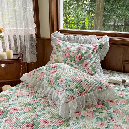 Decobites Floral Print Cotton Princess Bedding Set with Vintage Lace Details