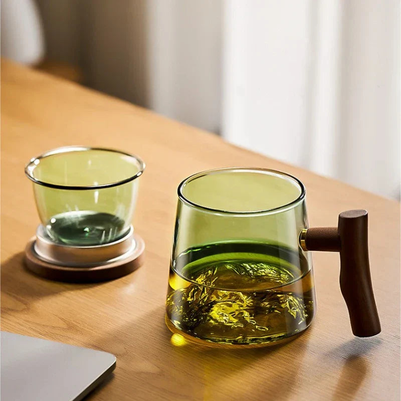 DecorBites™ Glass Tea Cup Set with Wood Handle: High Quality & Heat Resistant Puer Cups