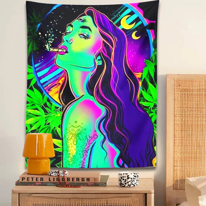 Decobites Moon Girl Smoke Tapestry: Psychedelic Hippie Trippy Leaves Aesthetics & Home Decor