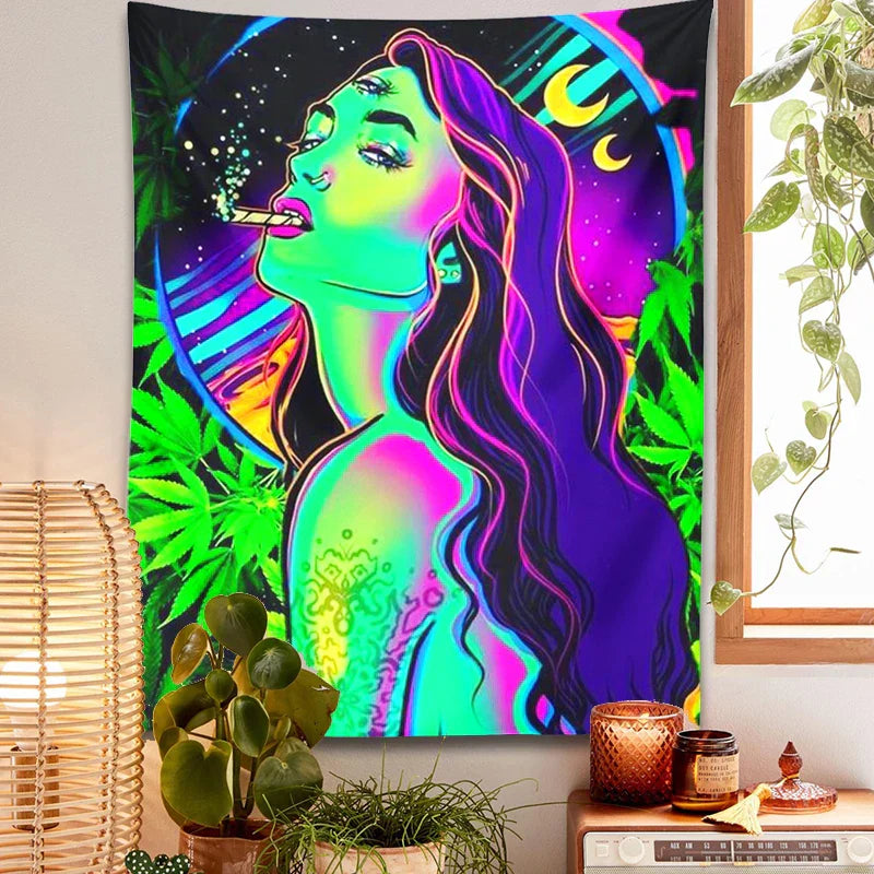 Decobites Moon Girl Smoke Tapestry: Psychedelic Hippie Trippy Leaves Aesthetics & Home Decor