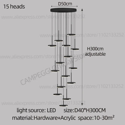 DecorBites™ Golden Black LED Long Chandelier for Home, Restaurant, and Cafe