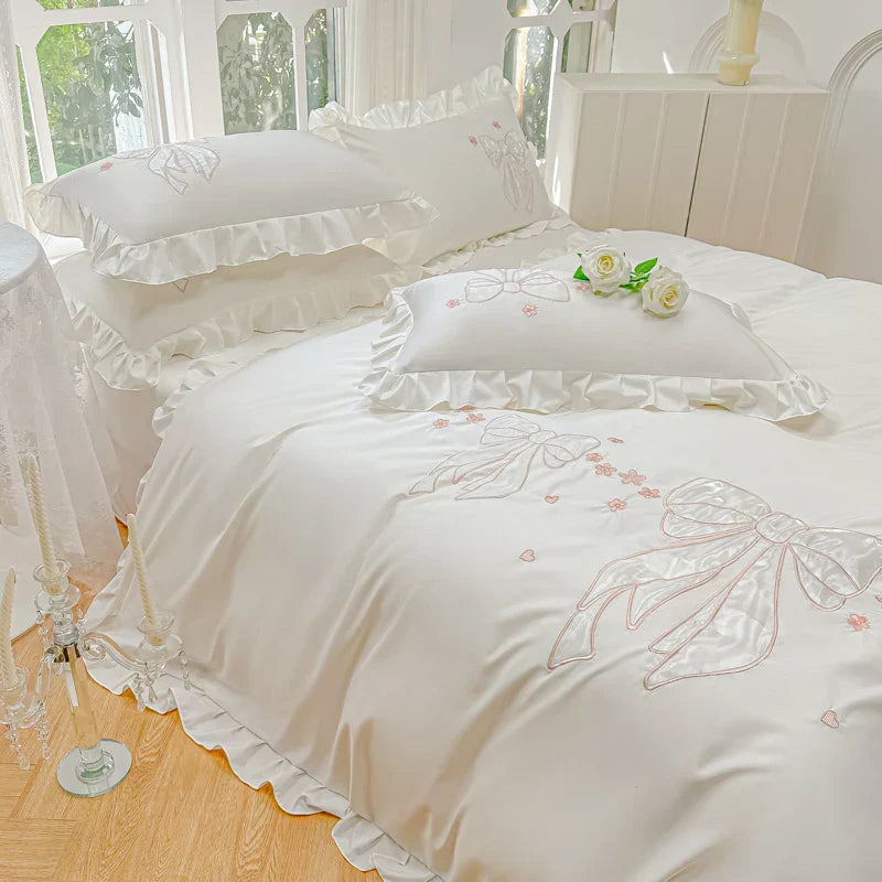 Decobites Ice Silk Embroidered Ruffles Duvet Set with Cool & Skin-Friendly Feel