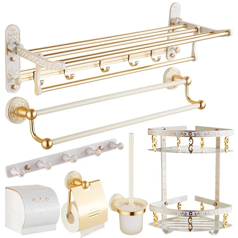 DecorBites™ Bathroom Accessories Set: Shelf, Towel Rack, Paper Holder, Toilet Brush Holder, Towel Hanger, Hooks