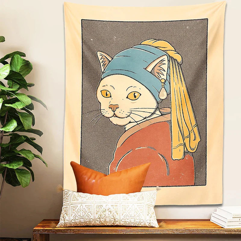 Decobites Cat With Pearl Earring Metal Wall Hanging Tapestry Art