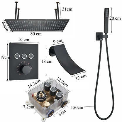 DecorBites™ LED Thermostatic Rainfall Shower System with Tub Spout Mixer Tap & Brass Head