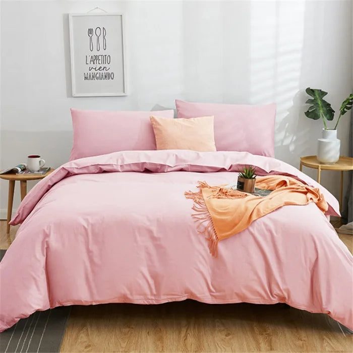 DecorBites™ Cotton 4pcs Bedding Set Double Queen Solid Color Duvet Cover Flat Bed Sheet