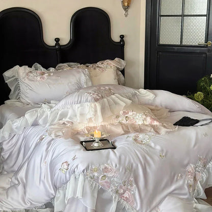 Decobites Vintage Lace Ruffles Embroidery Bedding Set with Duvet, Sheet, and Pillowcases