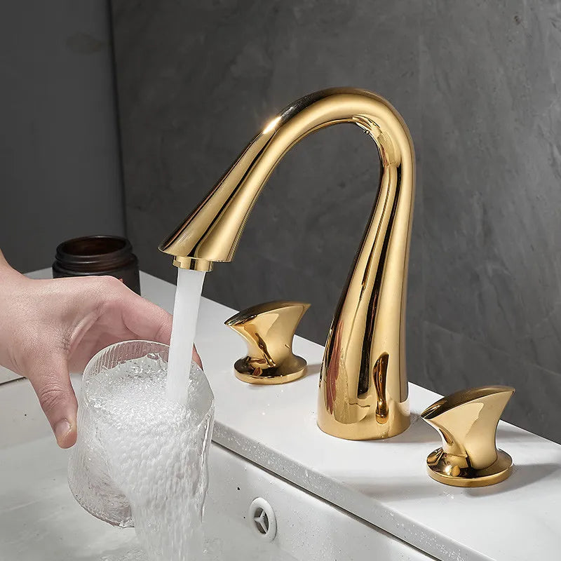 DecorBites™ Black & Gold Basin Faucet: 3 Hole Waterfall Bathroom Sink Tap, Total Brass