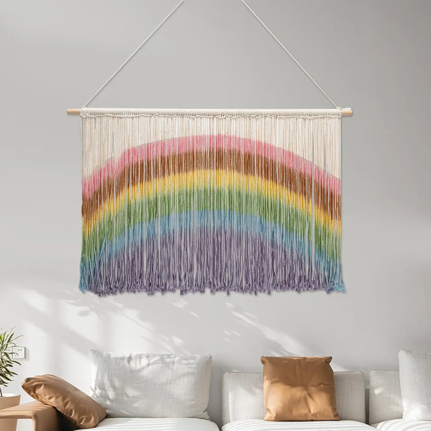 DecorBites™ Handmade Weaving Wall-mount Rainbow Macrame Decor Wall Hanging Colorful Tie-dyeing Tapestries w/Wood Stick