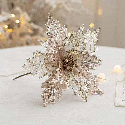 1PC Christmas Gold Silver Imitation Flower Xmas Tree Sequins Artificial Flowers DIY Ornaments for Festival Party New Year Decor