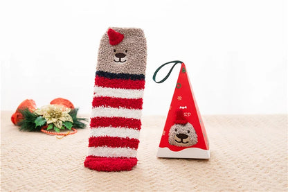 Cute Animal Design Deer Christmas socks Gift 3D Fluffy Coral Velvet Thick Warm Winter Sock For Women new Year gift Sox with Box