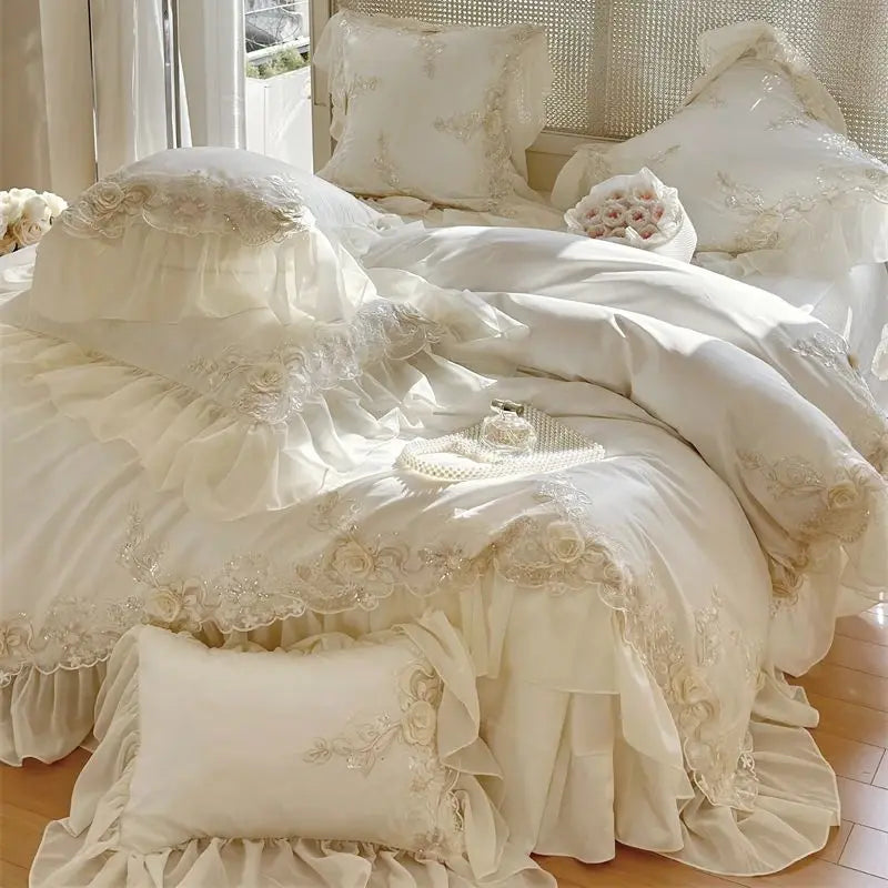 Luxury Lace Ruffle Wedding Bedding Set by Decobites