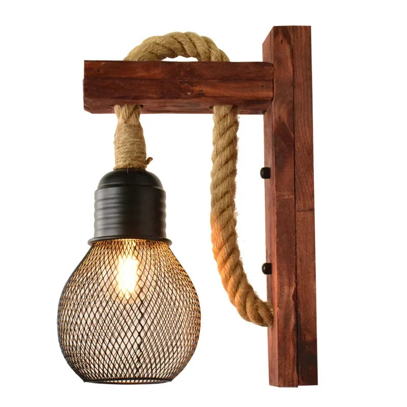 DecorBites™ Hemp Rope Wall Lamp Wood Sconce E27 Industrial Indoor Outdoor Light