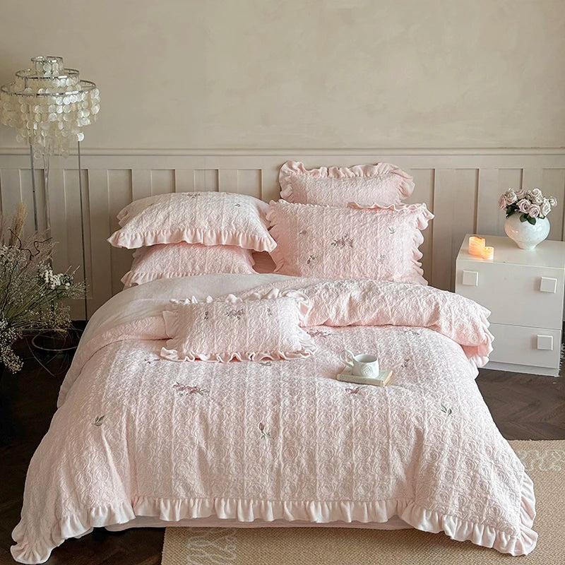 Decobites Pink Winter Milk Velvet Floral Ruffles Bedding Set