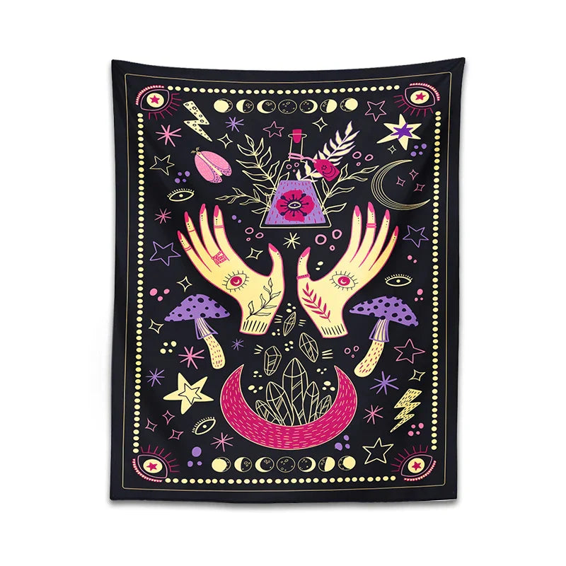 Decobites Tarot Mushroom Tapestry: Witch Hand Snake Moon Phase Botanical Moon Phase Mystery