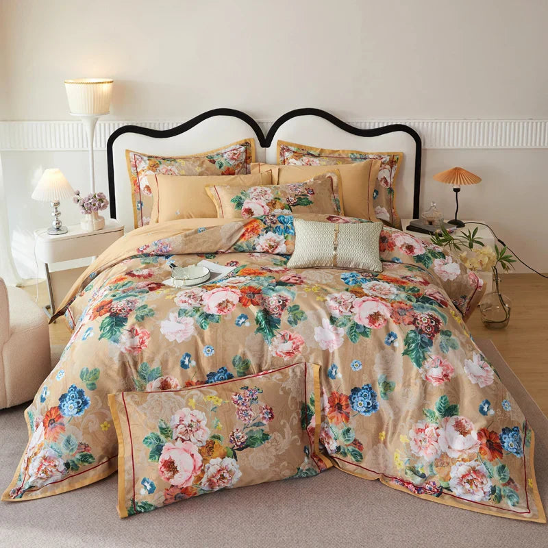 Decobites Vintage Floral Jacquard Cotton Wedding Bedding Set with Duvet Cover, Sheet, Pillowcases